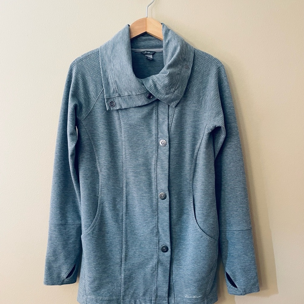 Women’s Eddie Bauer Snap Up Gray and Blue Jacket Size Small EUC - Picture 2 of 13